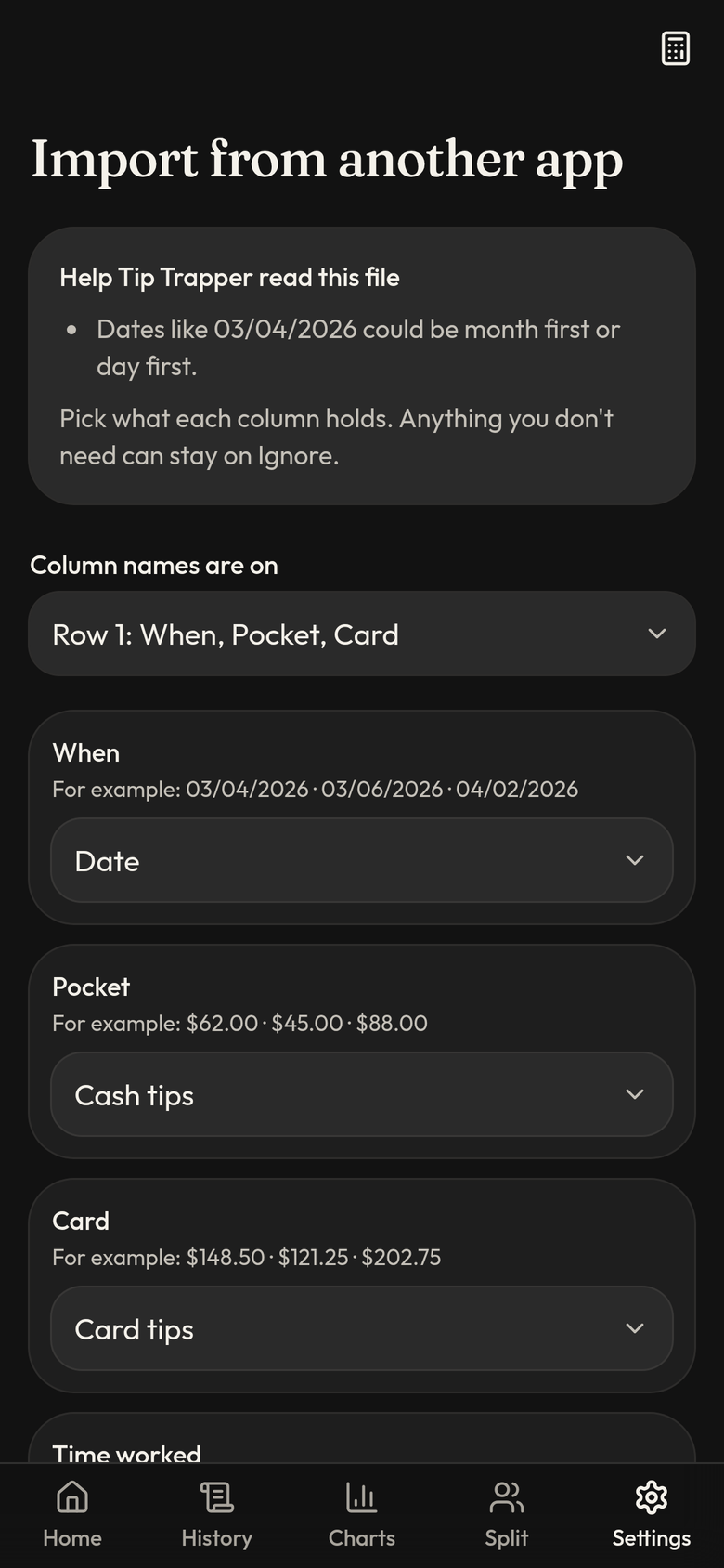 Column setup screen asking for help reading the file, with columns named When, Pocket, and Card set to Date, Cash tips, and Card tips