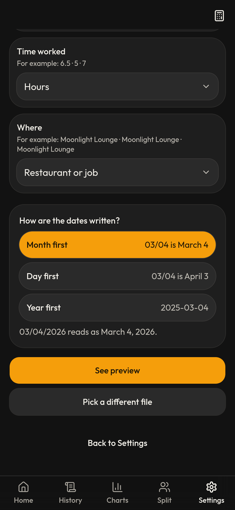 Date format choice with Month first selected, showing 03/04/2026 reads as March 4, 2026, and a See preview button