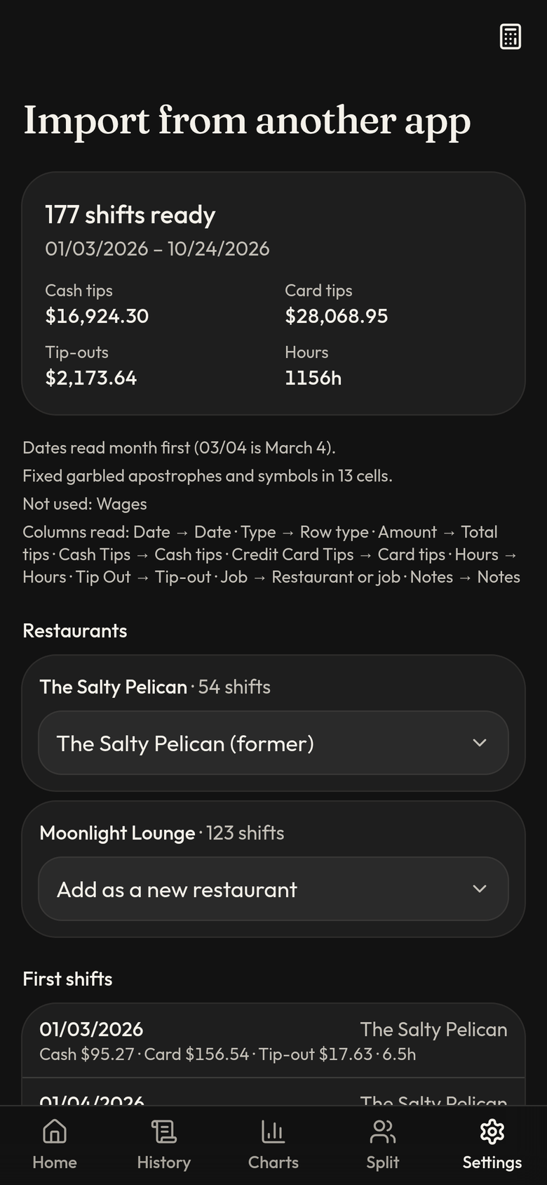 Import preview showing 177 shifts ready from January 3 to October 24, 2026, with cash tips, card tips, tip-outs, and hours totals, plus a choice for each restaurant in the file