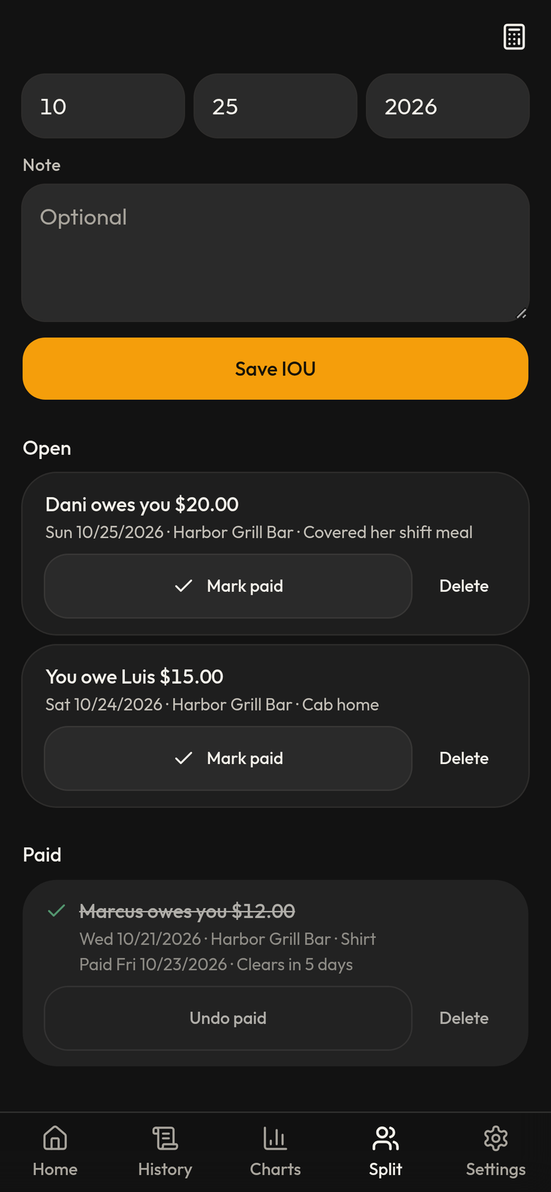 IOU list with two open IOUs, Dani owes you $20 and you owe Luis $15, and a paid IOU from Marcus that clears in 5 days
