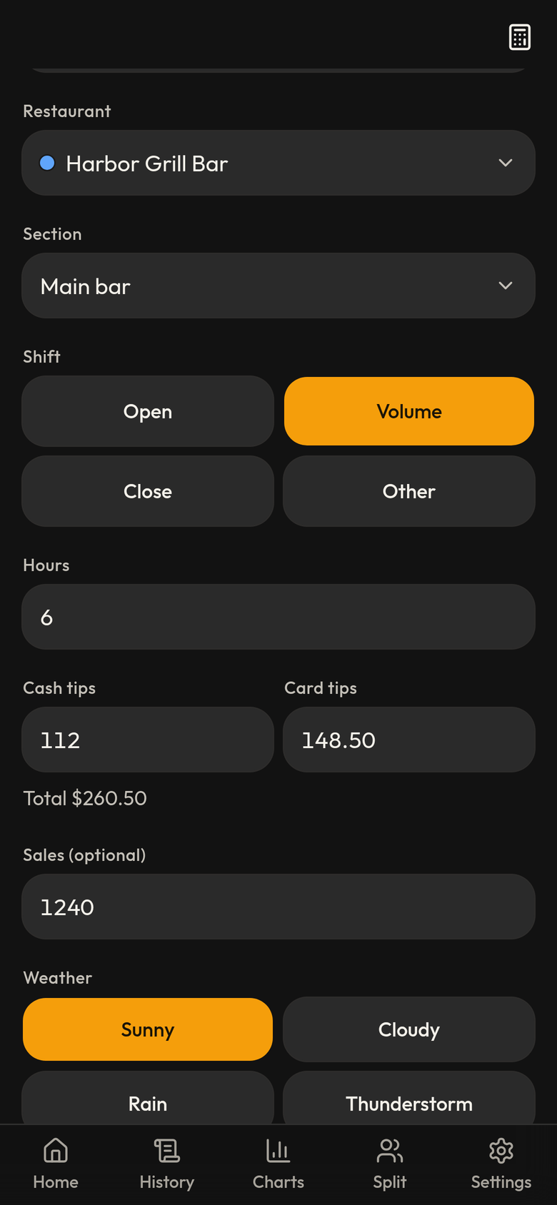 Log a shift screen with restaurant, section, shift type, 6 hours, $112 in cash tips and $148.50 in card tips, optional sales, and weather
