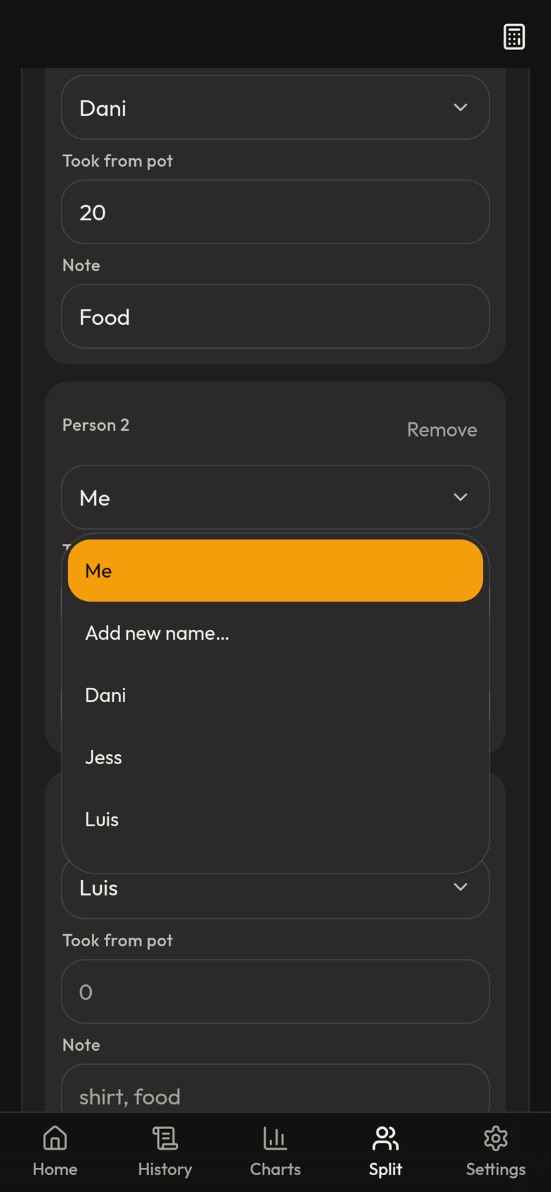 Person dropdown open in the tip pot calculator showing Me, Add new name, and saved coworker names Dani, Jess, and Luis